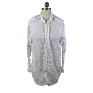 White Linen Button Down Tunic Shirt Womens Medium Coastal Minimalist Resortwear